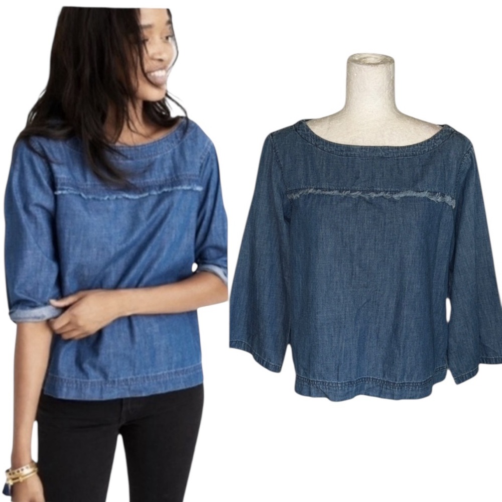 Madewell Herald Denim Frayed Fringe Detail Wide Sleeve Cropped Tee Top - L
